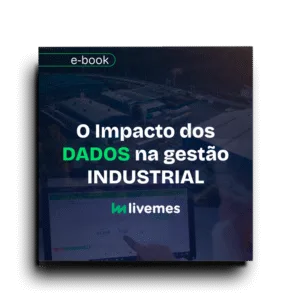 Mockup do e-book gratuito "O Impacto dos Dados na Gestão Industrial" da HarboR LiveMES, mostrando a capa do livro digital sobre como dados em tempo real aumentam a eficiência e reduzem perdas na indústria.