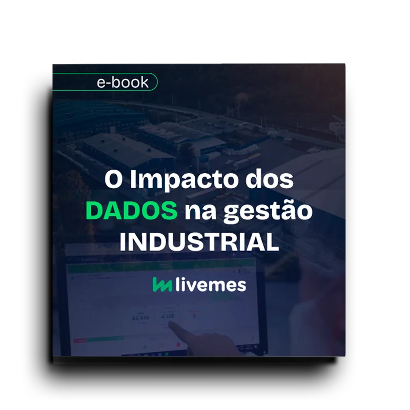 Mockup do e-book gratuito "O Impacto dos Dados na Gestão Industrial" da HarboR LiveMES, mostrando a capa do livro digital sobre como dados em tempo real aumentam a eficiência e reduzem perdas na indústria.