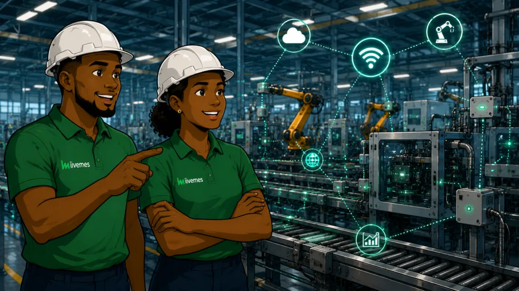 Operadores industriais acompanhando máquinas conectadas por sensores IoT em ambiente de manufatura inteligente.