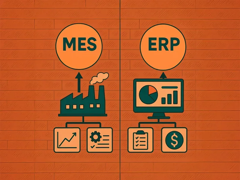 Ilustração cartunizada mostrando a diferença entre MES e ERP, com fábrica e gráficos representando integração entre gestão e chão de fábrica.