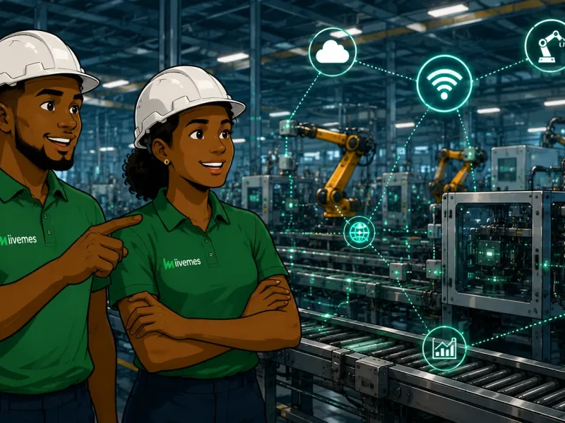 Operadores industriais acompanhando máquinas conectadas por sensores IoT em ambiente de manufatura inteligente.
